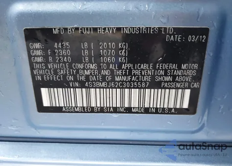 2012 Subaru Legacy 2.5I Limited z USA, uszkodzony, nr VIN 4S3BMBJ62C3035587